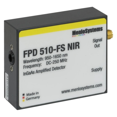 FPD510-FS-NIR - Высокочувствительный InGaAs pin-фотодетектор с усилителем, фиксированный коэффициент усиления, рабочий спектральный диапазон: 950-1650 нм, ширина полосы пропускания: DC - 250 МГц, площадь активной области: 0.07 мм2, крепления: M4, Thorlabs
