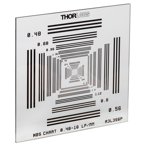 R3L3S6P - Таблица для измерения разрешающей способности (NBS 1952), 3" x 3", получение изображения при подсветке спереди, разрешающая способность: 0.48 - 16 пар линий на мм, Thorlabs