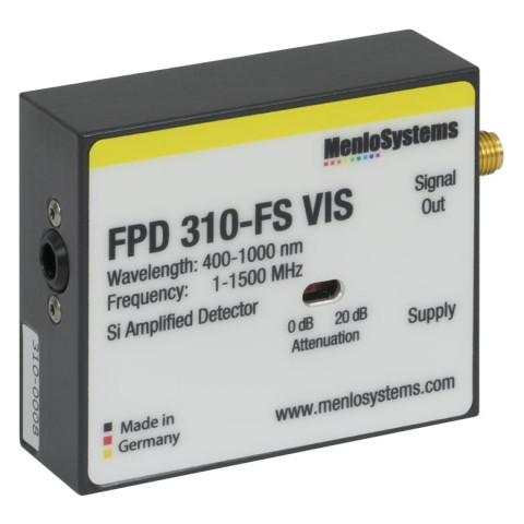 FPD310-FS-VIS - Кремниевый (Si) PIN детектор, регулируемый коэффициент усиления, высокая чувствительность, рабочий диапазон: 400 - 1000 нм, ширина полосы пропускания: 1МГц - 1.5 ГГц, 0.13 мм2, крепления: M4, источник питания, Thorlabs