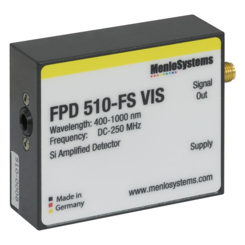 FPD510-FS-VIS - Кремниевый (Si) PIN детектор, постоянный коэффициент усиления, высокая чувствительность, рабочий диапазон: 400 - 1000 нм, ширина полосы пропускания: 250 МГц, 0.13 мм2, крепления: M4, источник питания, Thorlabs