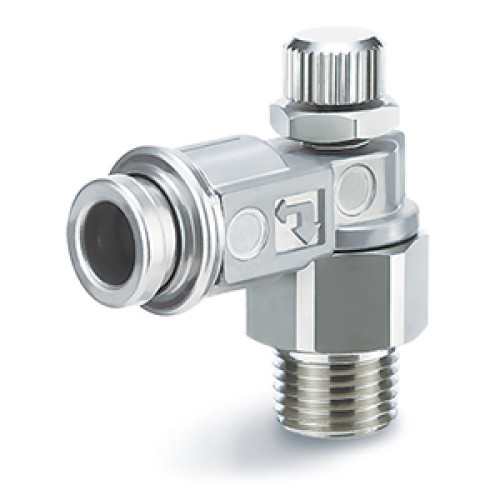 Пневмодроссели, Общего назначения, С быстроразъемным соединением, С простой ручкой, Наружные поверхности из металла, Угловой тип - ASB
