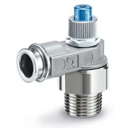 Пневмодроссели, общего назначения, с быстроразъемным соединением, Регулируемый шестигранным ключом, со шкалой, Металлический корпус, угло
