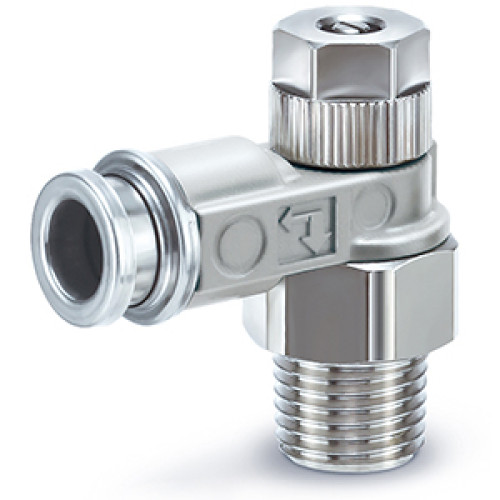 Пневмодроссели, Общего назначения, С быстроразъемным соединением, Pегулируемый отверткой, Наружные поверхности из металла, Угловой тип - ASB
