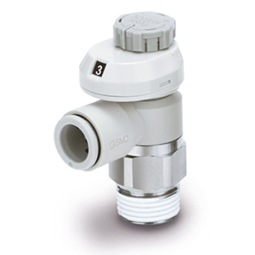 Пневмодроссели, Низкоскоростные, Быстроразъемное, C нажимной фиксацией и шкалой, Угловой тип/Универсальный - AS*FSM/FSC
