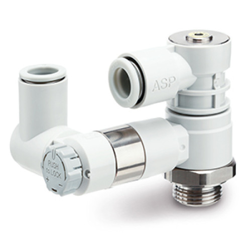 Пневмодроссели, встроенный управляемый обратный клапан с клапаном сброса остаточного давления, с нажимной фиксацией, вертикальный – ASP New
