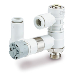 Пневмодроссель с управляемым обратным клапаном и клапаном сброса остаточного давления, с нажимной фиксацией и шкалой, вертикальный – ASP-S
