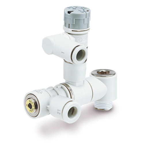 Пневмодроссель с управляемым обратным клапаном и клапаном сброса остаточного давления, с нажимной фиксацией и шкалой, горизонтальный – ASP
